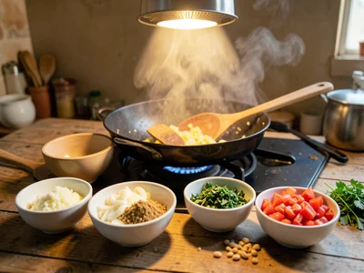 A mise en place moment frozen mid-cooking — six small prep bowls arranged on the