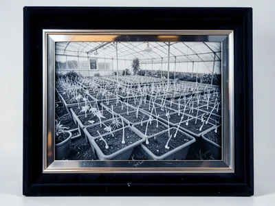 An automated greenhouse watering system with dozens of drip nozzles over seed tr