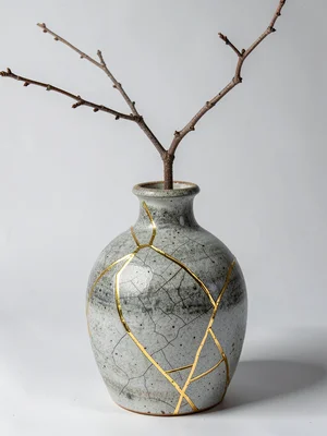 Repaired ceramic vase holding a single dried branch — crack pattern and wabi tex