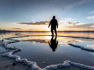 Silhouette floating in middle of reflected sky