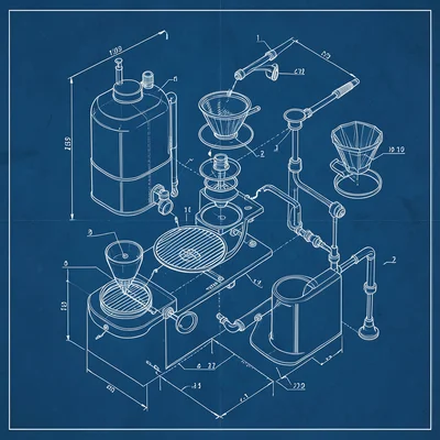 An exploded-view of an espresso machine: boiler, pump, group head, portafilter, 