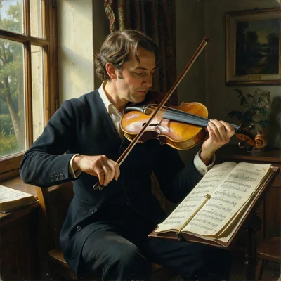 A violinist practicing by a window, the instrument's varnish glowing amber, musi