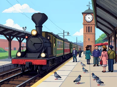 A pixel art train station platform: a steam train arriving, passengers waiting, 