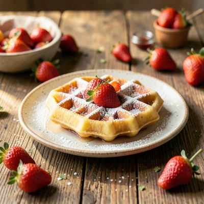 Golden waffles on a ceramic plate with fresh strawberries and a dusting of powde