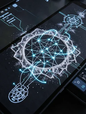 Touch screen UI with kolam-inspired gesture paths, finger trails following sacre