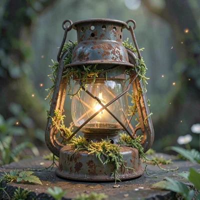 Close-up square prop study of a battered tin lantern wrapped in creeping moss, a