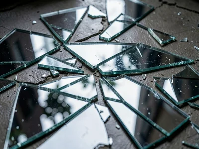 Broken mirror shards on floor, fractured reflections, dangerous beauty