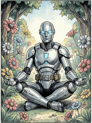 Cyborg meditating in tech garden