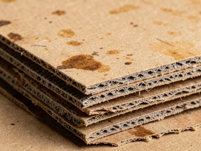Chipboard surface, grey compressed recycled paper fibers with visible newspaper 
