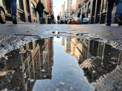 Puddle with city reflection