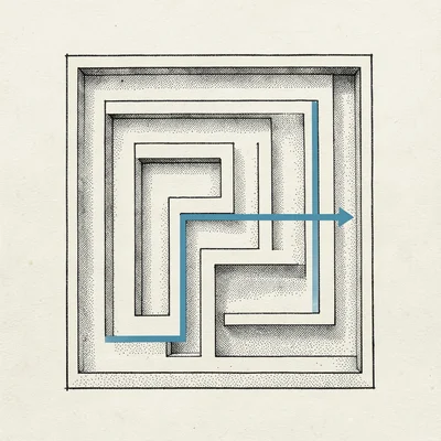 Plan view of a maze drawn in technical pen carries one slate-blue thin line trac