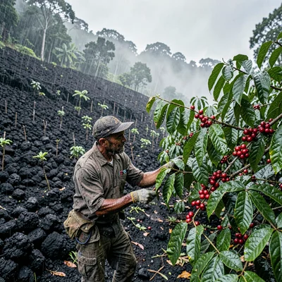 Stark black volcanic surfaces against verdant green, A coffee farmer inspecting 