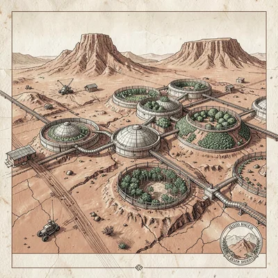 A Mars settlement map with surface domes connected by tunnels, hydroponic ring g