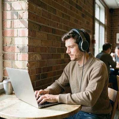 Documentary photograph, Person working from cafe with laptop and noise-canceling